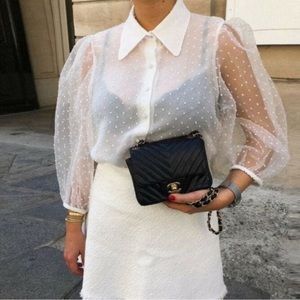 Zara White Blouse Puff Sleeve Polka Dot Organza Sheer Top Shirt Size Small